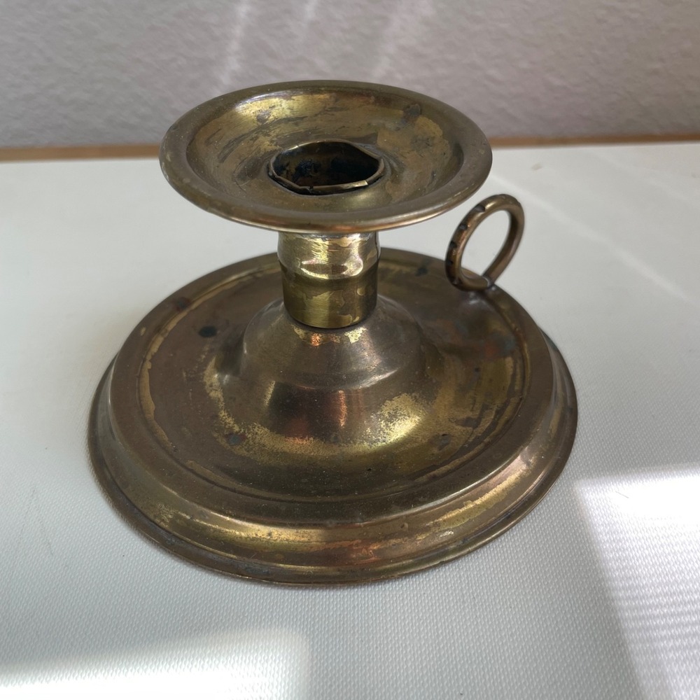 Antique Brass Chamberstick Finger Candleholder Ring Handle Drip Tray Patina 4"